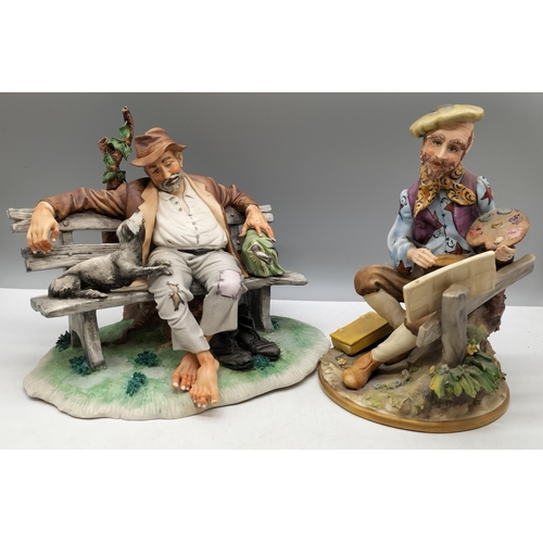 17 - Capodimonte Figure of a Tramp on a Bench with Dog (22cm x 25cm) plus another Figure 'The Artist'. A/... 