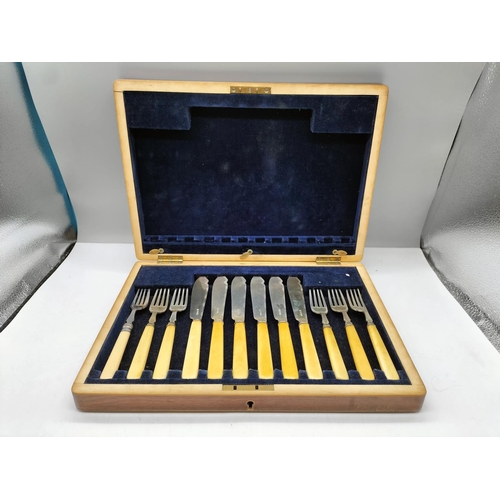 20 - Silver Hallmarked, Bone Handled Fish Knives and Forks in Wooden Case. Hallmarked Chester, Barker Bro... 