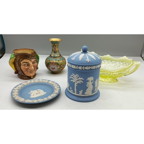 201 - Collection of Ceramic Items including Wedgwood plus Vaseline Glass Item A/F and Cloisonne Vase.