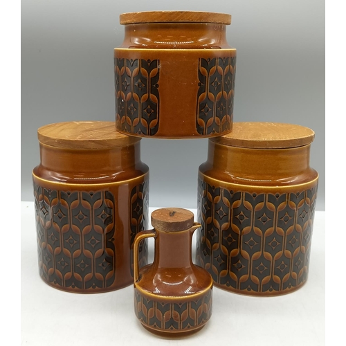 229 - Hornsea 'Heirloom' Storage Jars (3) plus 16cm Vinegar Jug. One A/F Slight Chip to Base.