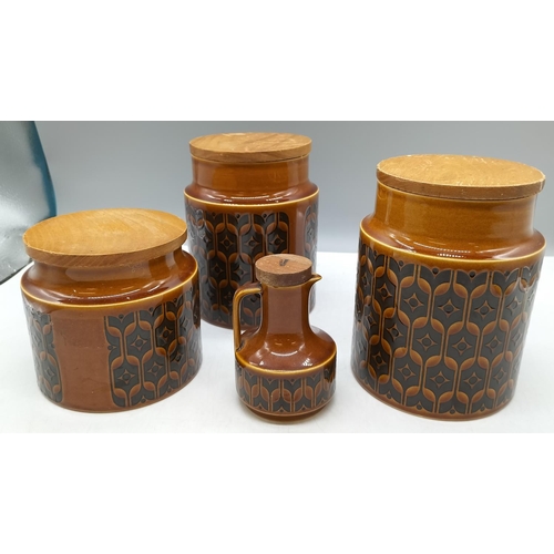 229 - Hornsea 'Heirloom' Storage Jars (3) plus 16cm Vinegar Jug. One A/F Slight Chip to Base.