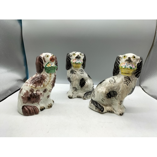 24 - Staffordshire Ware c1850 Hand Painted Spaniels (3). Tallest Being 20cm. Age Related Marks/Cracks.