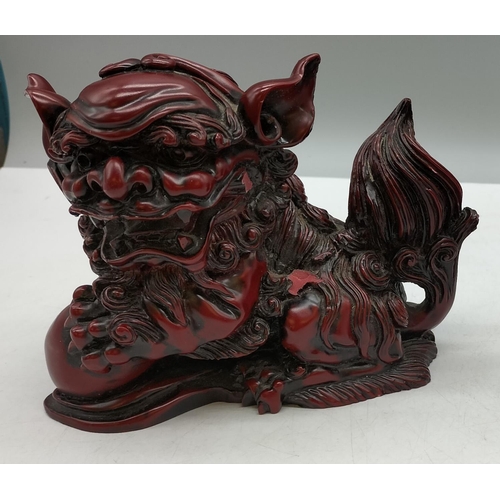 240 - Pair of Red Resin Oriental Foo Dogs, 14cm x 12cm. One A/F.