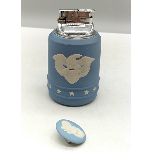 256 - Wedgwood Jasper 11cm Table Lighter plus 3cm Jasper Brooch.