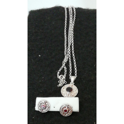 266 - 925 Silver and Garnet set Celtic Design Pendant and Earrings Set.