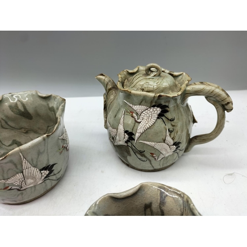 30 - Japanese Studio Pottery 7 Piece Part Tea Set with a Crane Design. Marked to Base. 2 Pieces A/F.