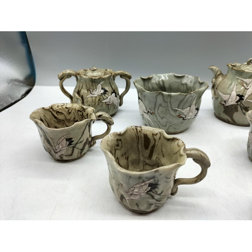 30 - Japanese Studio Pottery 7 Piece Part Tea Set with a Crane Design. Marked to Base. 2 Pieces A/F.