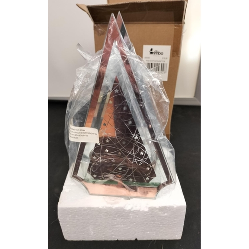 306 - Rose Gold Coloured Double Tea Light Candle Holder with Christmas Tree Design. 24cm High. Boxed.