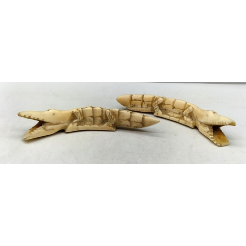 35 - Antique Carved Crocodiles (2). Approx 17cm Long. 1 A/F