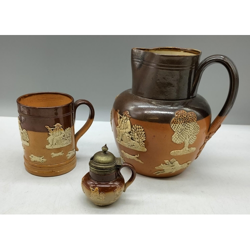 36 - Royal Doulton Stoneware Hunting Scene 16.5cm Jug, Cup and Mustard Pot.