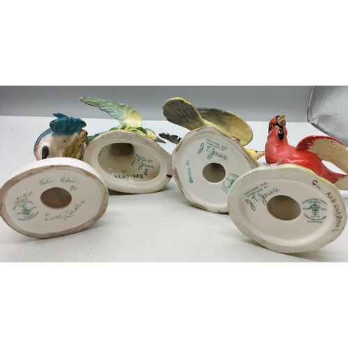 398 - Crown Staffordshire Hand Painted Bone China Bird Figures (4) - Red Cardinal, Blue Bird, Oriole and B... 