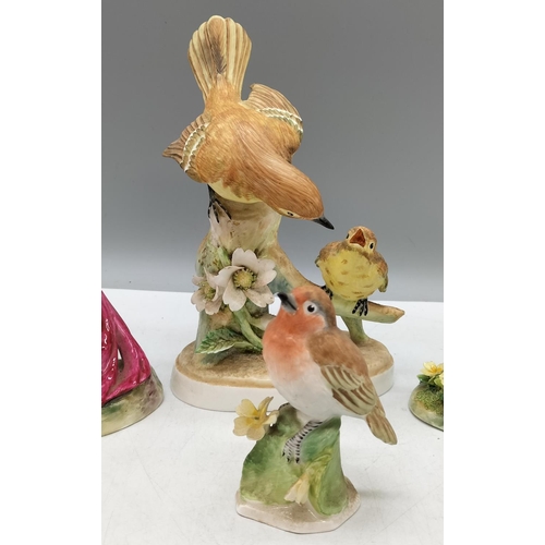 408 - Bone China Hand Painted Bird Figures (4). Goldfinch, Robin, Flycatcher and Young, and Widow. All Sig... 