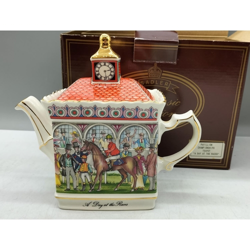 40A - Sadler 'A Day at the Races, Pavilion Championships' Teapot. Boxed. 20cm x 17cm.