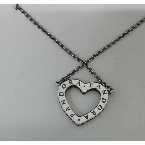 450 - Presented as a Pandora Stone Set Love Heart Necklace. Marked 925 ALE. Boxed.