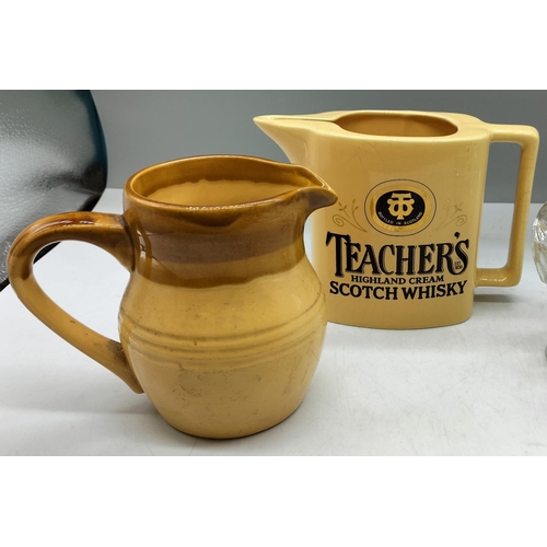 537 - Seton Pottery 13cm Teachers Whisky Jug, TG Green Brown and Cream Jug plus Cut Glass Bon Bon Dish.