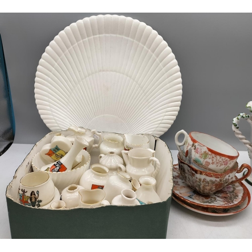 553 - Box of Crested Ware, Shell Plate, Pair of Twin Handled Vases (Italian) plus 2 x Oriental Cups and Sa... 