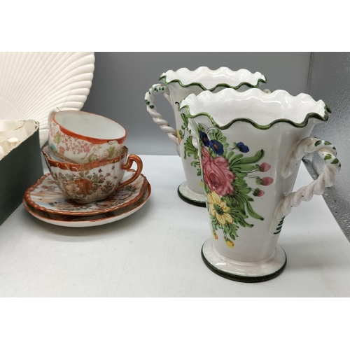 553 - Box of Crested Ware, Shell Plate, Pair of Twin Handled Vases (Italian) plus 2 x Oriental Cups and Sa... 