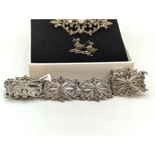 101 - Vintage Marcasite Brooches (both Silver) plus Maracasite and Wjite Metal Bracelet.