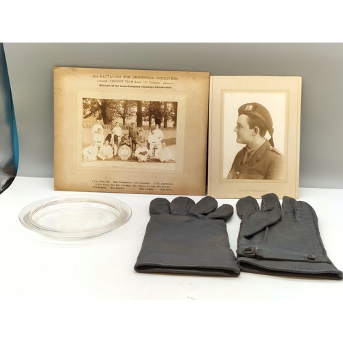 210A - Collection of WWI Ephemera to include Flying Gloves, Pictures and Plate.