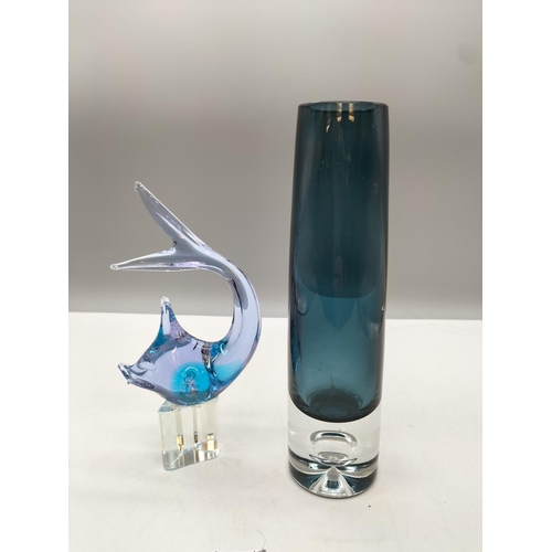 272 - Murano Fish plus Cobalt Glass Bubble Base Vase. Largest being 23cm.