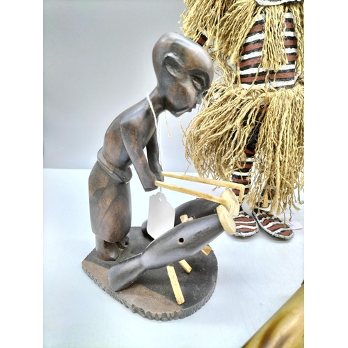 351 - African Witch Doctor 37cm Figure, Witch Doctor Rattle and Figure of a Boy Playing Bongos.