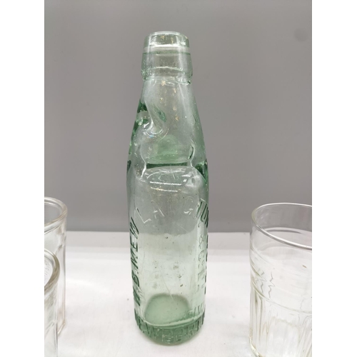 376 - Codd Glass Bottle with Marble, Thick Glass Drinking Glasses (1936 Reg Design Number plus Vintage Cor... 