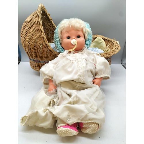 482 - Wicker Crib (43cm x 32cm) plus Palitoy Doll and Clothes.