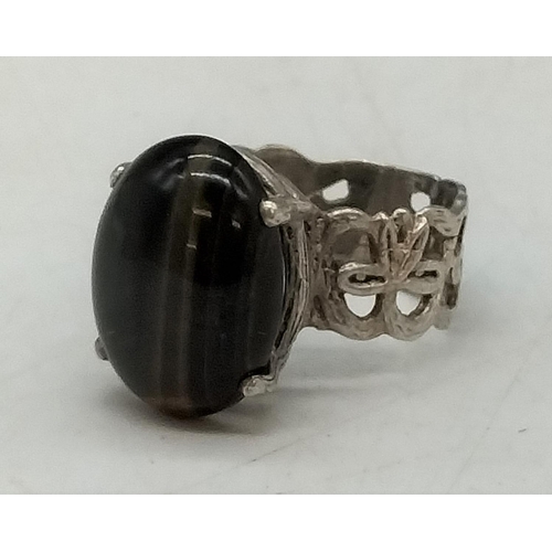 53 - Silver Tiger Eye Stone Set Ring. Size L.