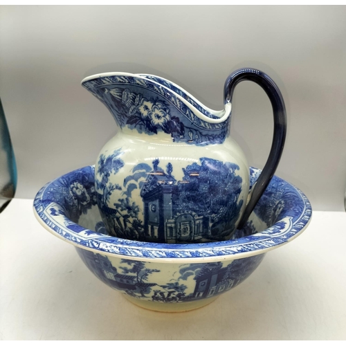 584 - Blue and White Wash Bowl and Jug. Jug 22cm Tall, Bowl 31cm Diameter.