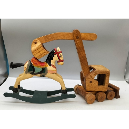 585 - Vintage Wooden Toy Digger (24cm x 27cm) and Rocking Horse.