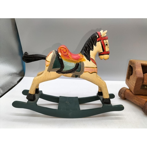 585 - Vintage Wooden Toy Digger (24cm x 27cm) and Rocking Horse.