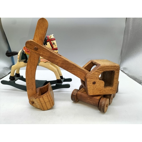 585 - Vintage Wooden Toy Digger (24cm x 27cm) and Rocking Horse.