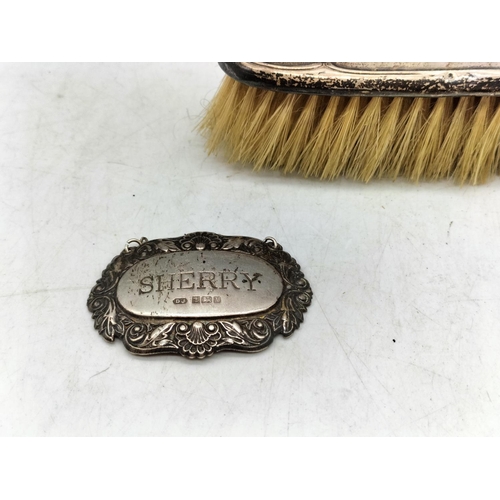 10 - Silver Hallmarked Brush and Sherry Label plus Silver Plated Cheroot Holder.