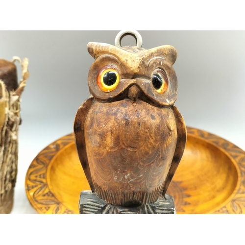 128 - Wooden Items (4) including 24cm Bowl, Drum, Owl Figure and Puzzle Game.