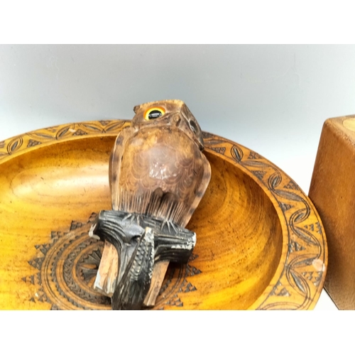 128 - Wooden Items (4) including 24cm Bowl, Drum, Owl Figure and Puzzle Game.