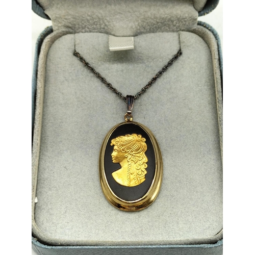 15 - Wedgwood Back/Gold Jasper Cameo Pendant and Chain.