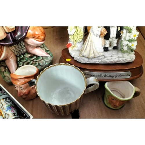 150A - Box of Assorted Items to include Enamel Lidded Pot, Toby Jug, Figures, etc.