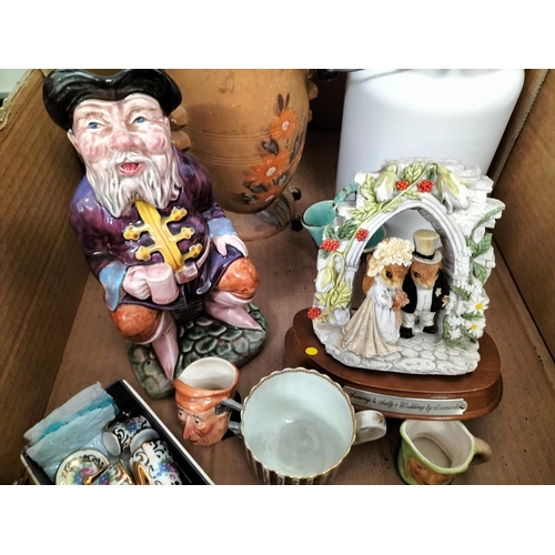 150A - Box of Assorted Items to include Enamel Lidded Pot, Toby Jug, Figures, etc.