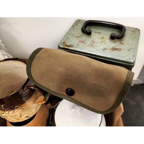 150A - Box of Assorted Items to include Enamel Lidded Pot, Toby Jug, Figures, etc.