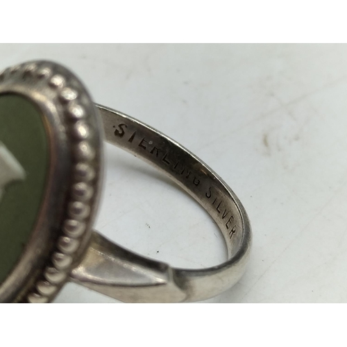 173 - Silver and Wedgwood Green Jasper Ring. Size M.