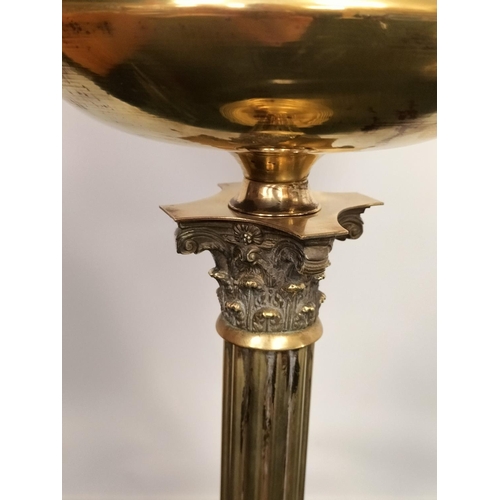 18 - Brass Column Oil Lamp with Pink Shade. 76cm High Including Shade and Funnel.