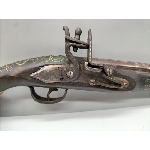 204 - Ornate Brass Inlay Flintlock Pistol. Some Damage to Handle. Approx 48cm.