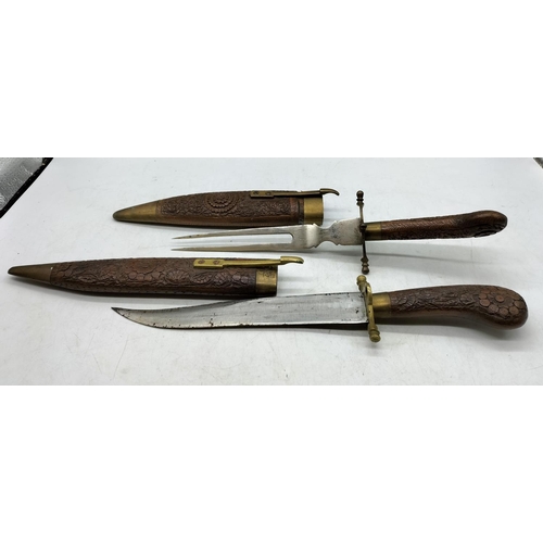 205 - Ornate Wooden and Brass Carving Set.