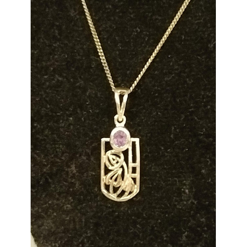 20A - 925 Silver Chain and Mackintosh Style Pendant with Amethyst Stone.