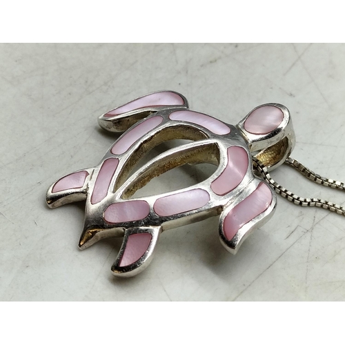 221 - 925 Silver Chain and Turtle Pendant.