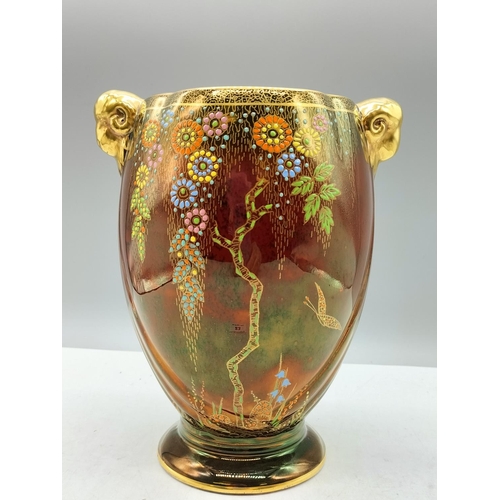 23 - Crown Devon Ruby Lustre and Enamel Flower Vase with Rams Head Handles. 19.5cm Tall.