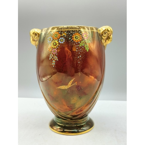 23 - Crown Devon Ruby Lustre and Enamel Flower Vase with Rams Head Handles. 19.5cm Tall.