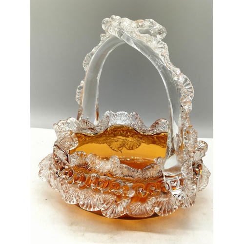 25 - Victorian Glass Amber and Lace Design Basket. 22cm x 22cm.