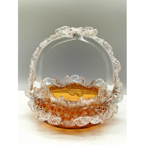 25 - Victorian Glass Amber and Lace Design Basket. 22cm x 22cm.