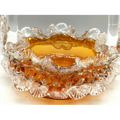 25 - Victorian Glass Amber and Lace Design Basket. 22cm x 22cm.